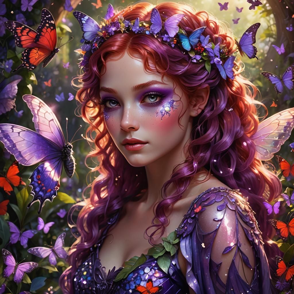 Purple & lilac fairy. Pretty, red curly messy hair. She's ve...