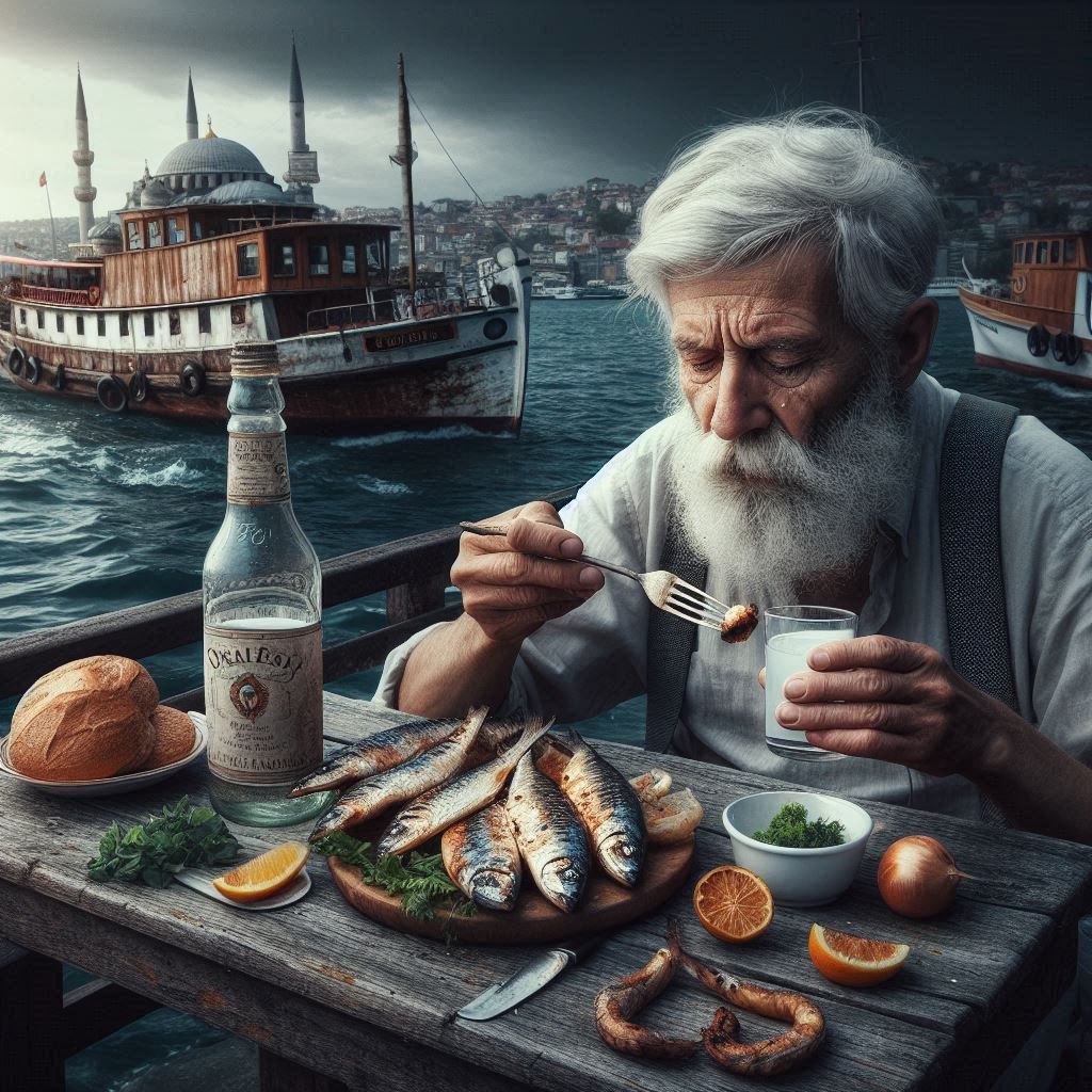 Old man eating fish at bosphorus. Photorealistic.