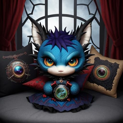 Cute and quilted tiny baby dragon wearing gothic-punk quilte...