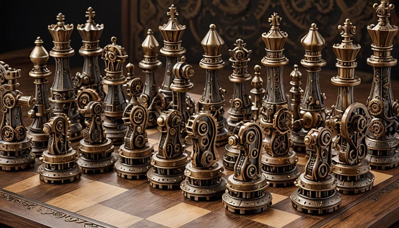 A steampunk-themed chess set, featuring intricate gears, cogs - AI ...