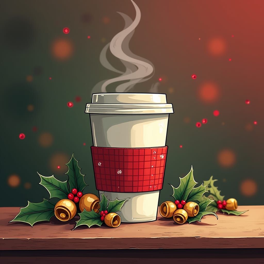 Show a steaming coffee cup adorned with bells and holly. Use...