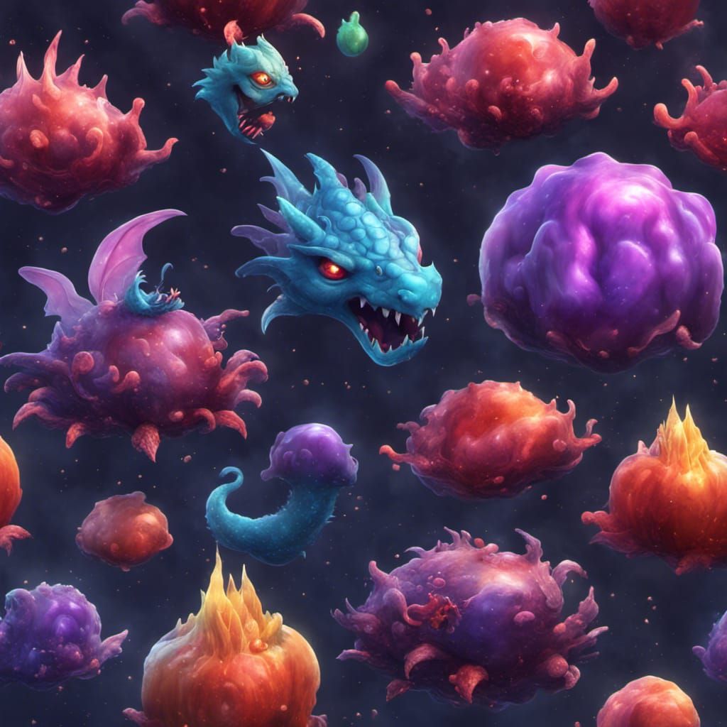 Jelly blobs with dragons, galaxy, and fantasy creatures, lik...