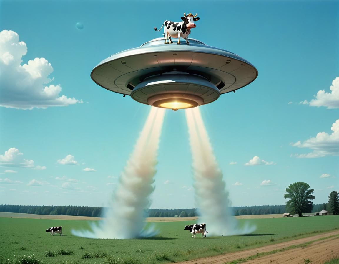 (Cow being abducted by a flying saucer:1.2). Open field during clear ...