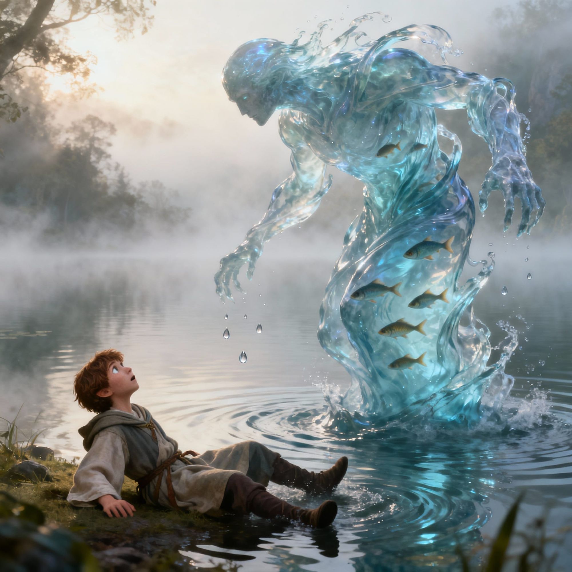 On the misty edge of a serene lake, a young wizard’s apprentice stands in shock, having just fallen back onto the ground from surprise. With...