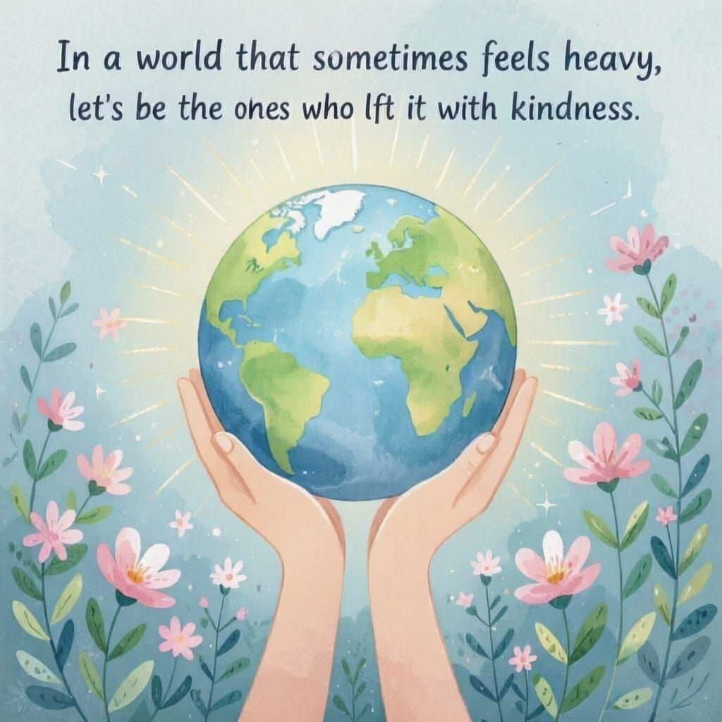 Prompt: A square watercolor illustration of two gentle hands lifting the Earth. The Earth is softly painted with pastel blues and greens. Ar...