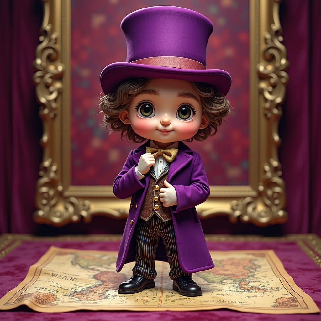 Chibi Wonka with his purple suit and cane, funk pop on a velvet map with studio lighting. 