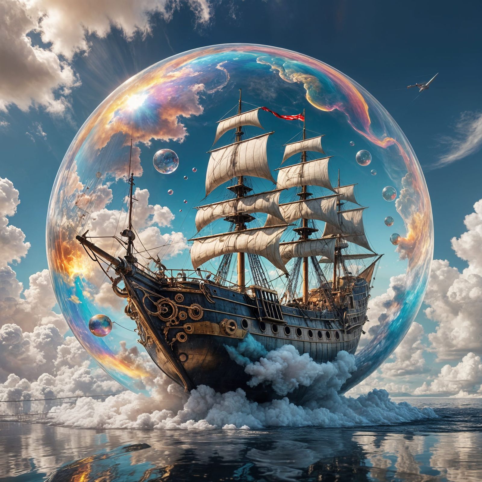 A steampunk sailing ship in a bubble   by @Mumbai AI