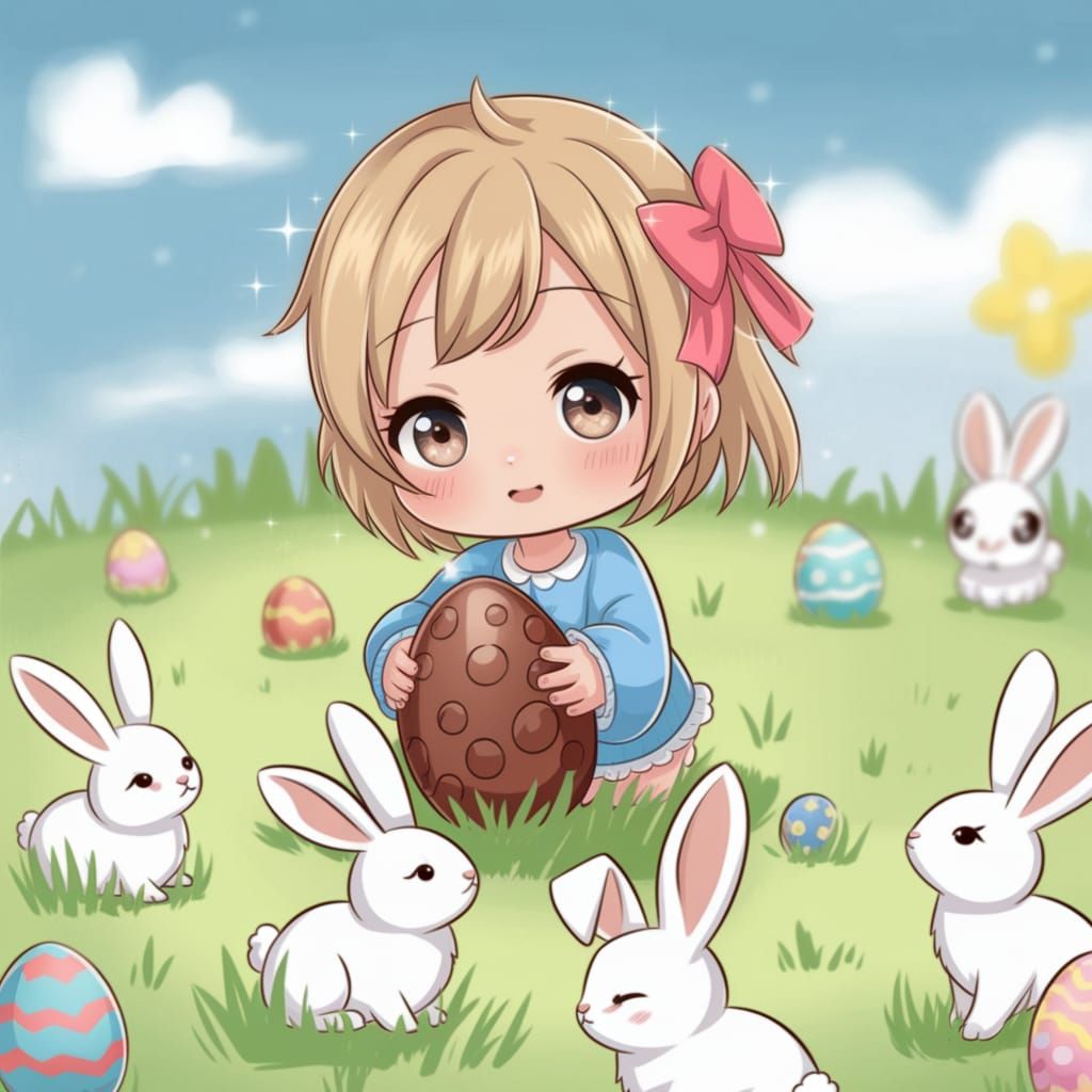 Chibi Anime Girl Discovers Easter Eggs in Springtime Meadow