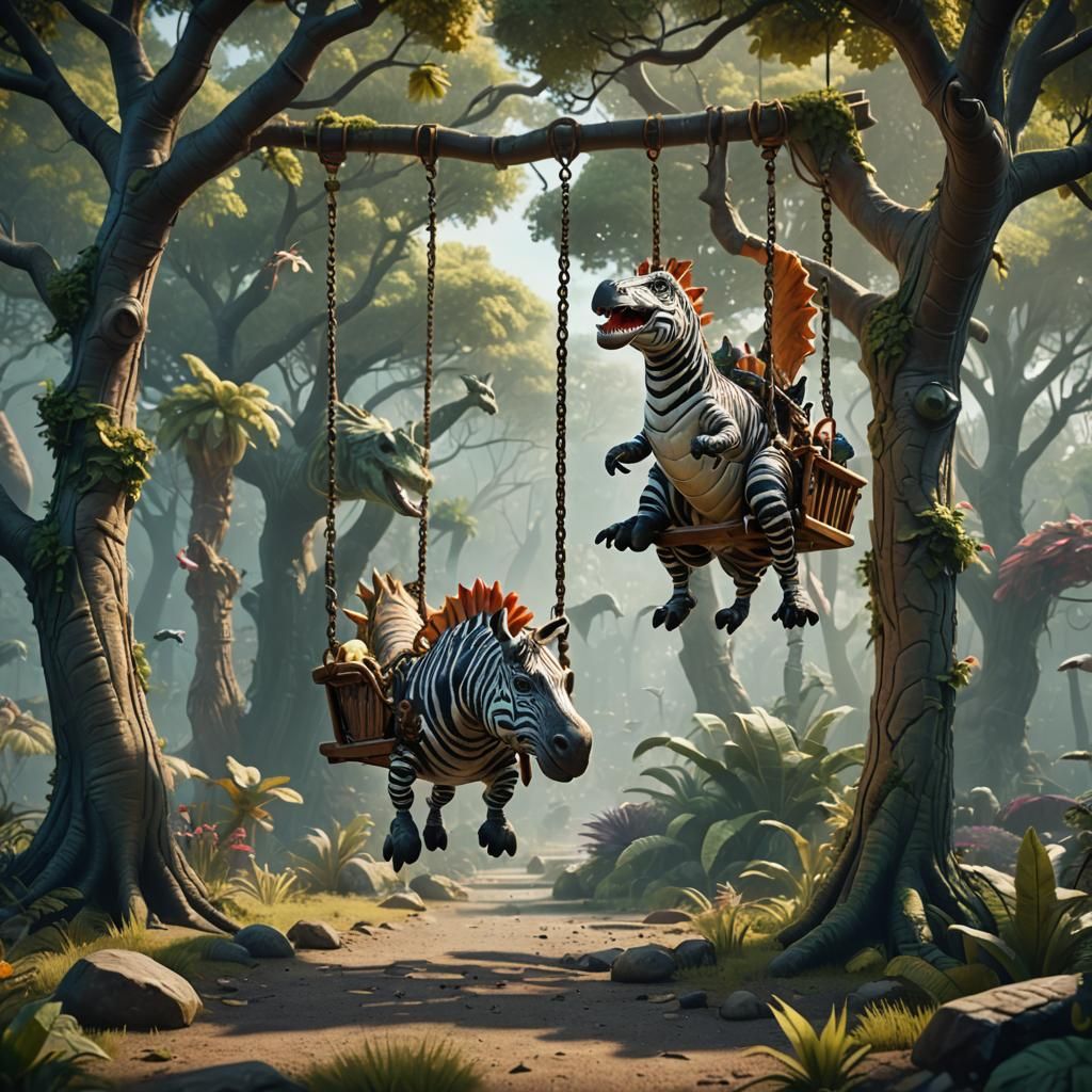 Zebra and dinosaur on a swing