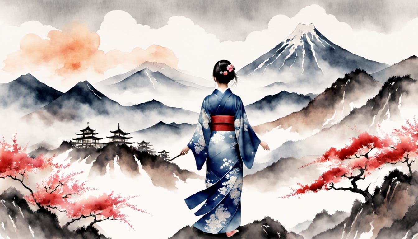 Watercolor, splashed ink with ink brush accents. A Japanese woman stands with her back toward a mountain ...  by @onemiguel