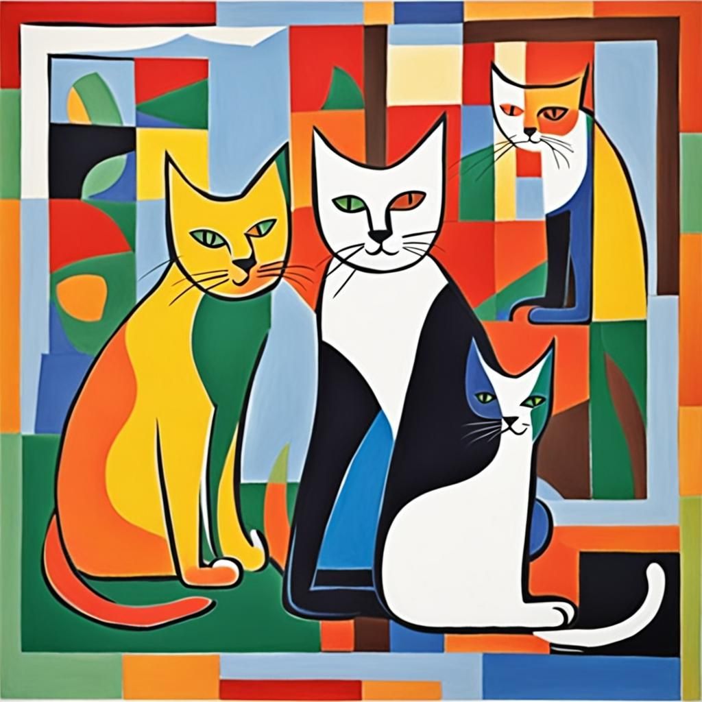 Minimalism three cats, cubism cats, cats sitting, cats playi...