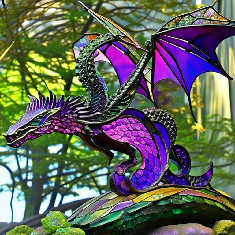 A purple dragon sculpture made of stained glass, Louis Comfort Tiffany ...