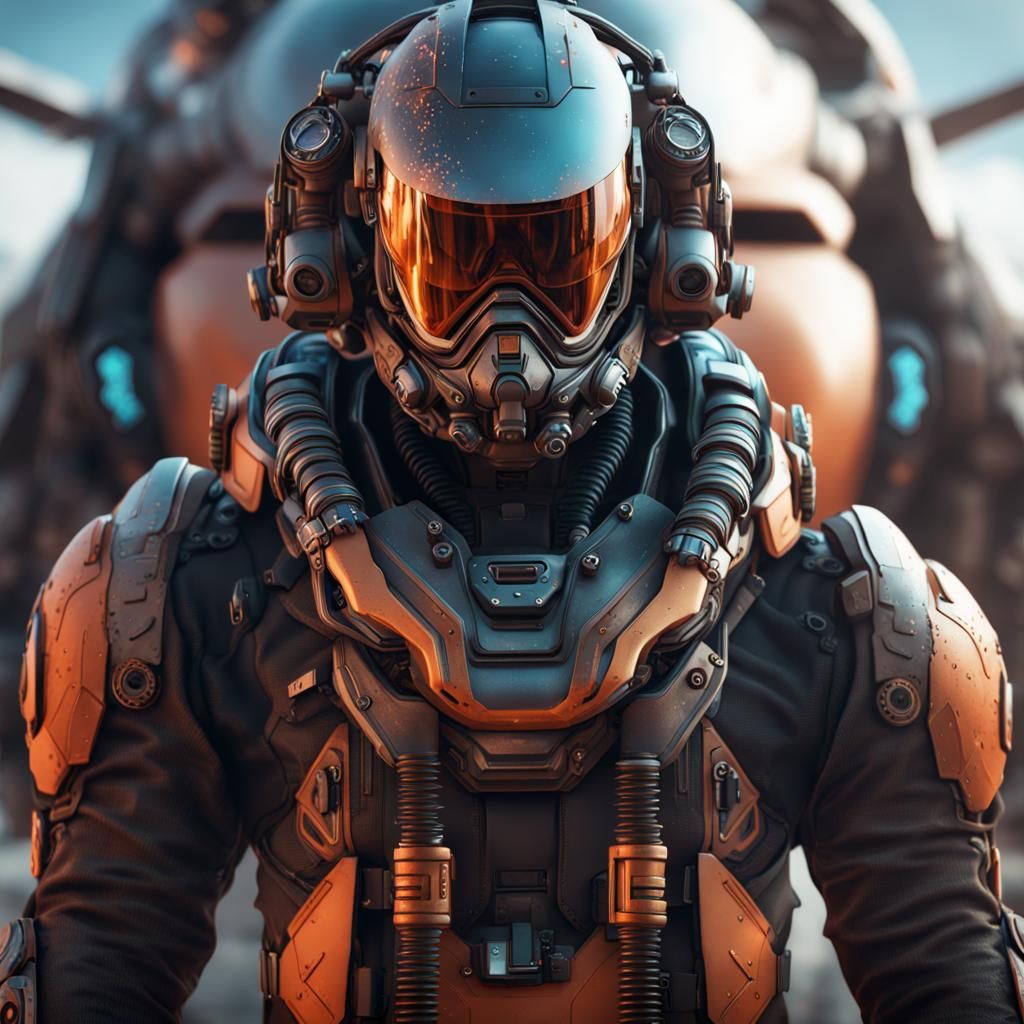 Close up Portrait of mech pilot in futuristic flight suit  by @Xero