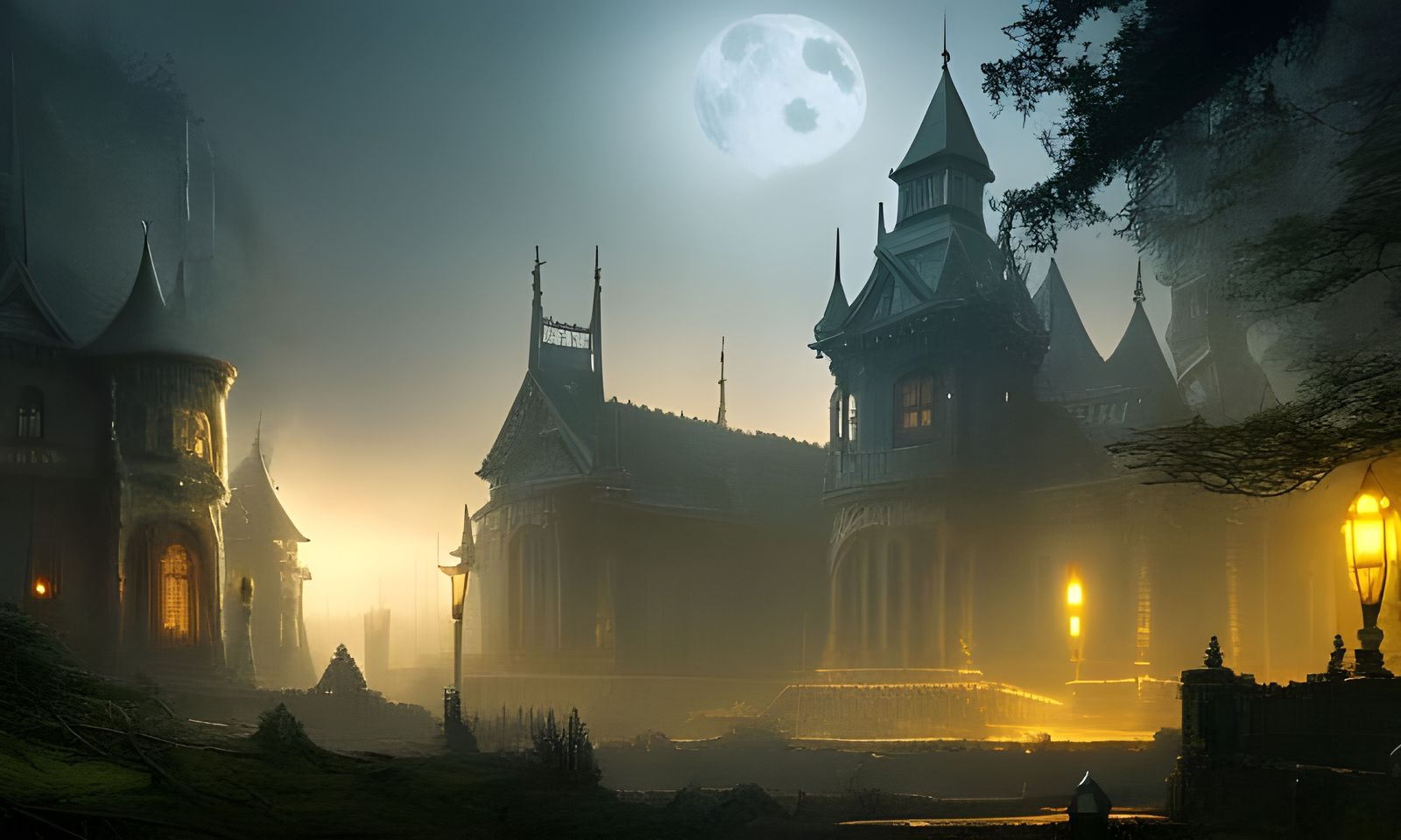 Spooky castle at full moon