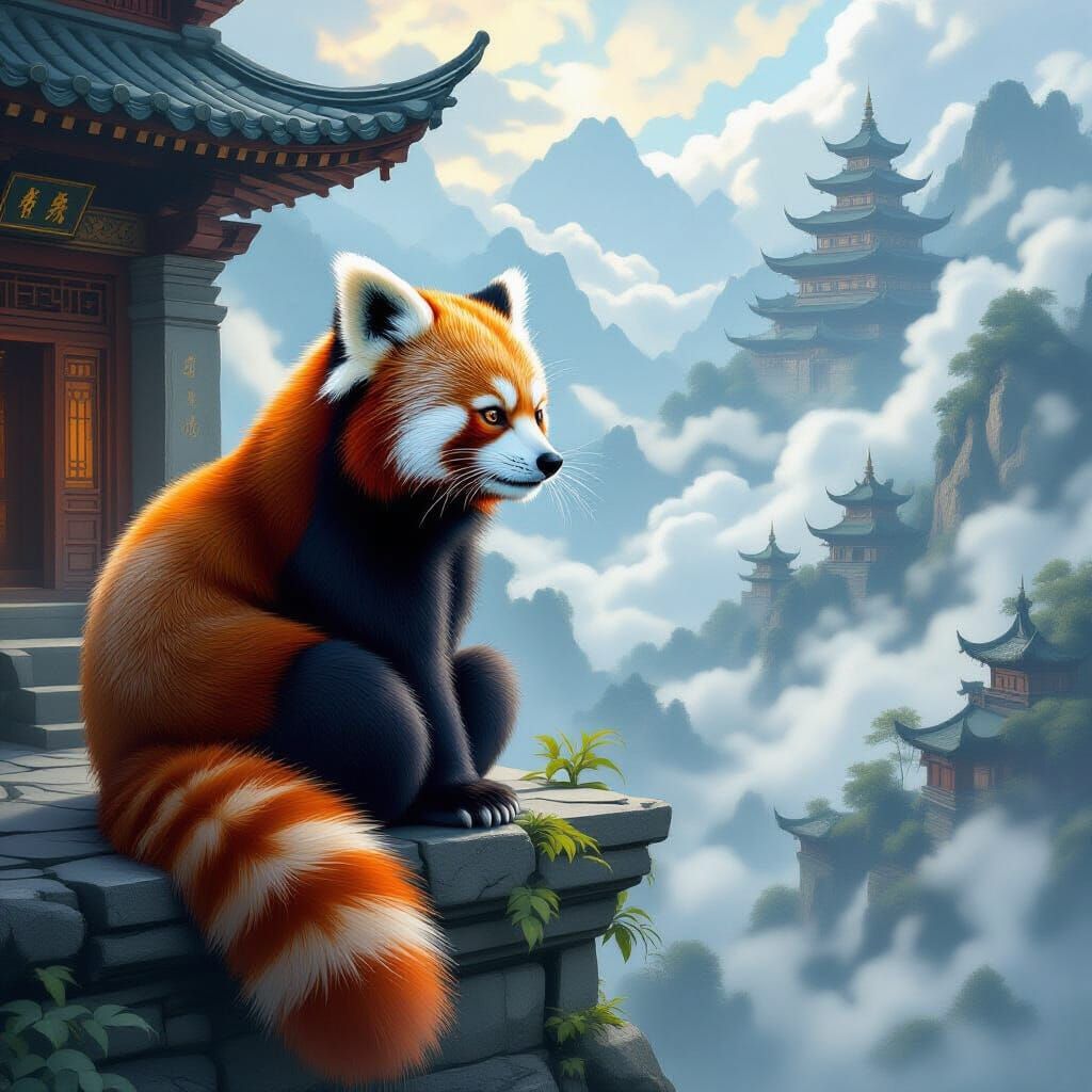 A majestic red panda depicted as a guardian spirit of a hidden mountain temple, its fur blending seamlessly ...  by @blenta