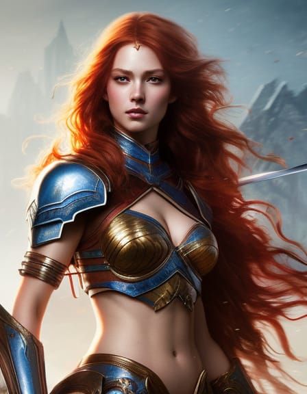 Warrior girl with wavy red hair 10