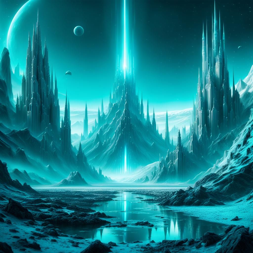 epic intergalactic cinematic space kingdom ghostly teal and ice blue ...