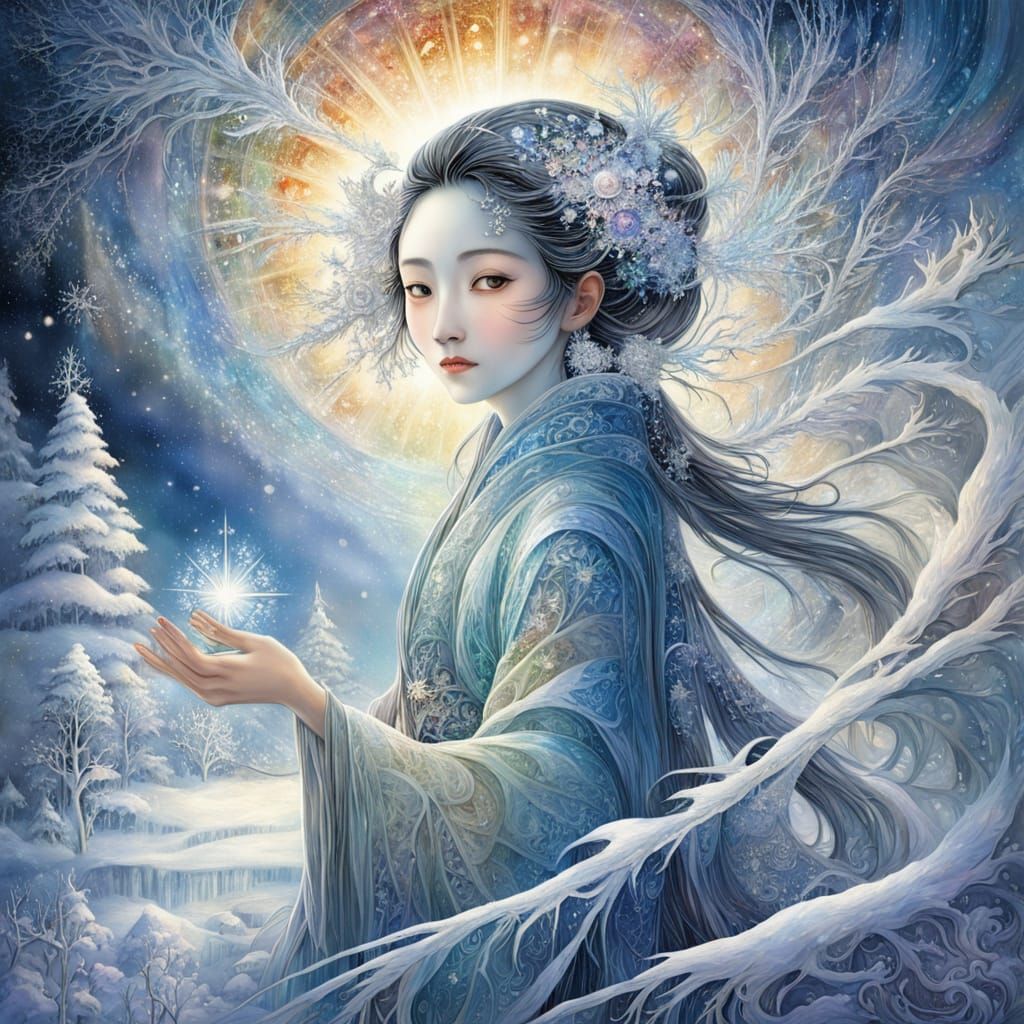 Yuki-onna snow glare. Exploding Ice crystal fractal art style mosaic winter wonderland. Leonora Carrington ...  by @TravellerUK