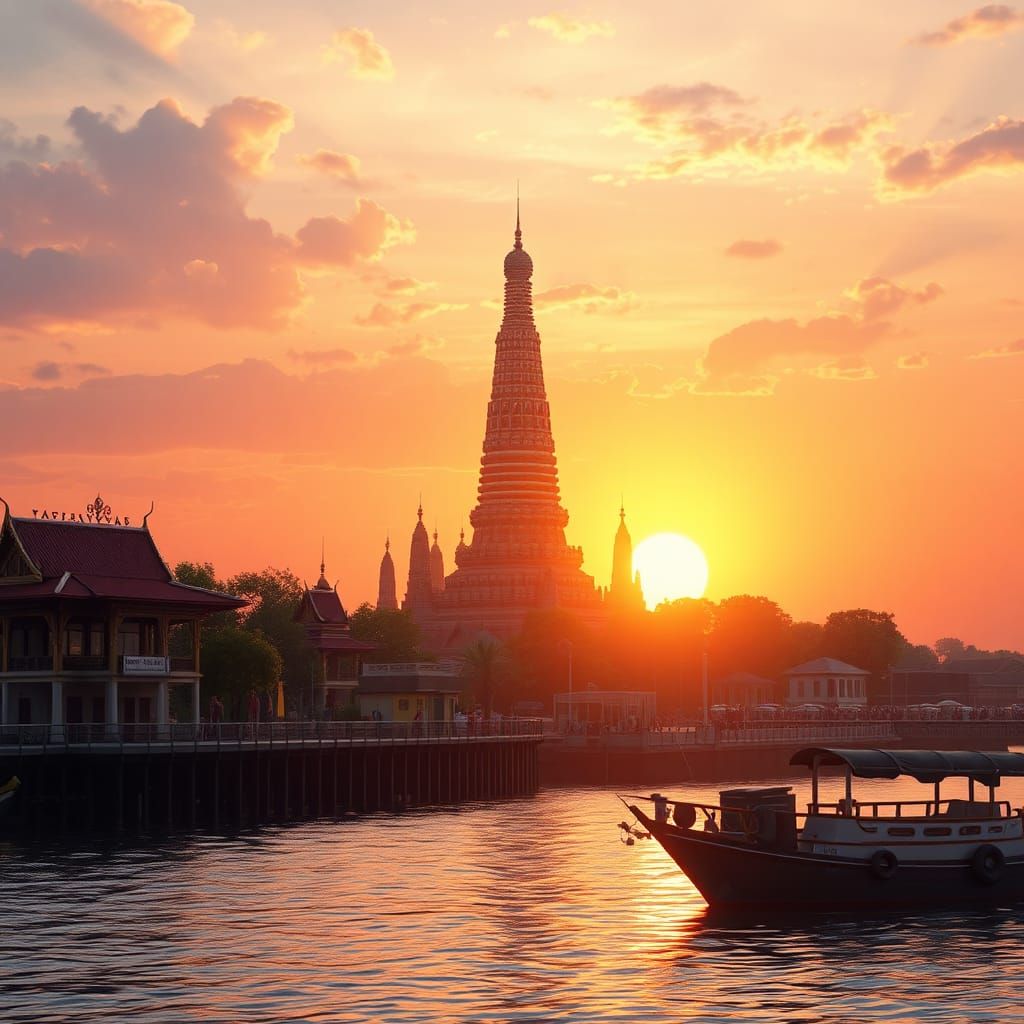 photorealistic wat arun at sunset from another riverside sho...