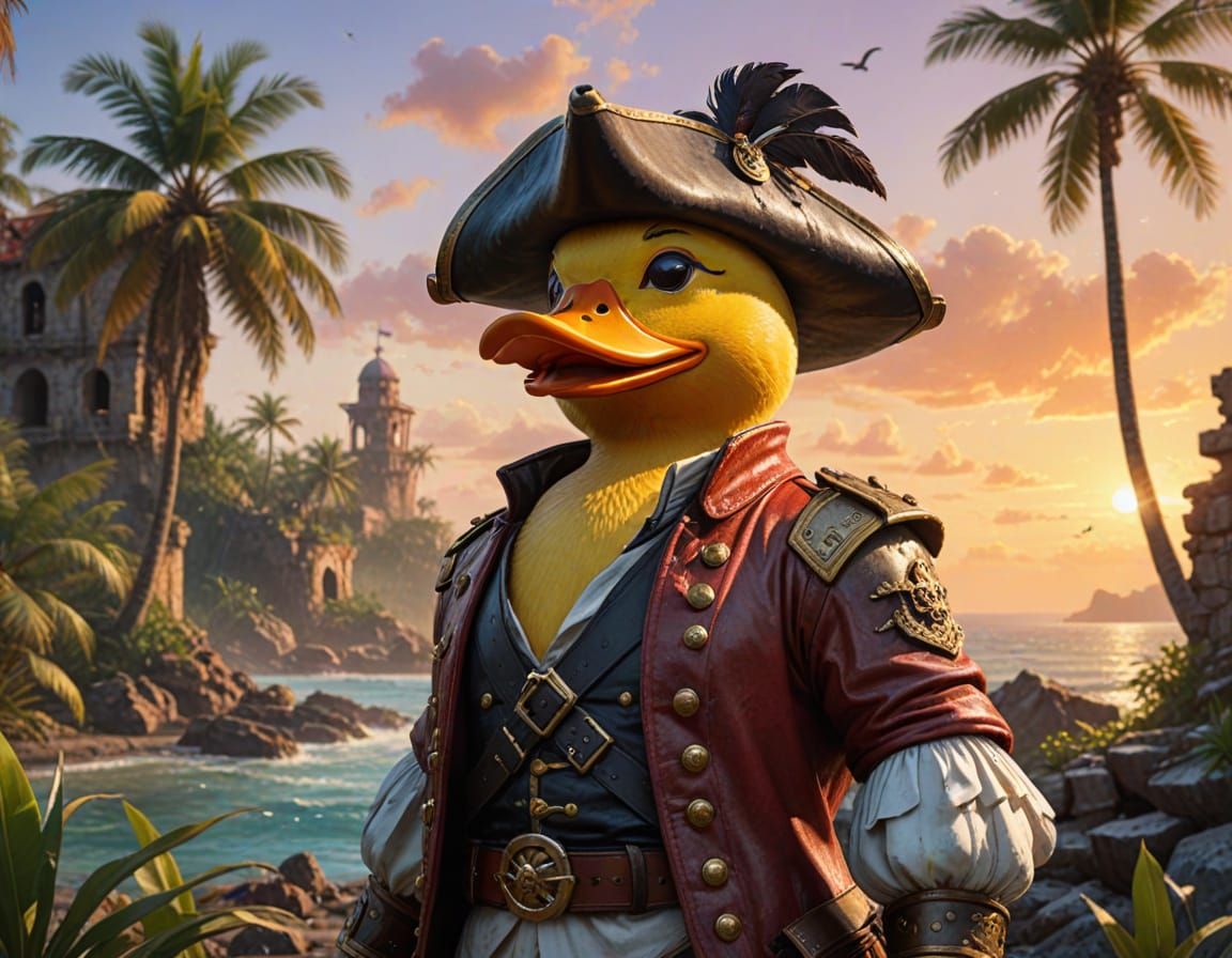 Vibrant, larger-than-life rubber duck pirate captain, adorned in a tattered yet regal tricorn hat, intricately ...  by @Adriana