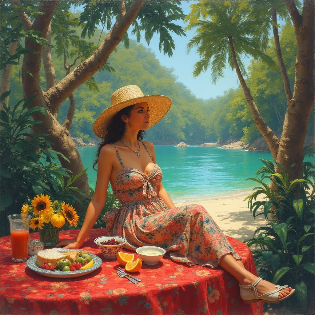 Tropical Hammock Scene in Rousseau Impressionist Style