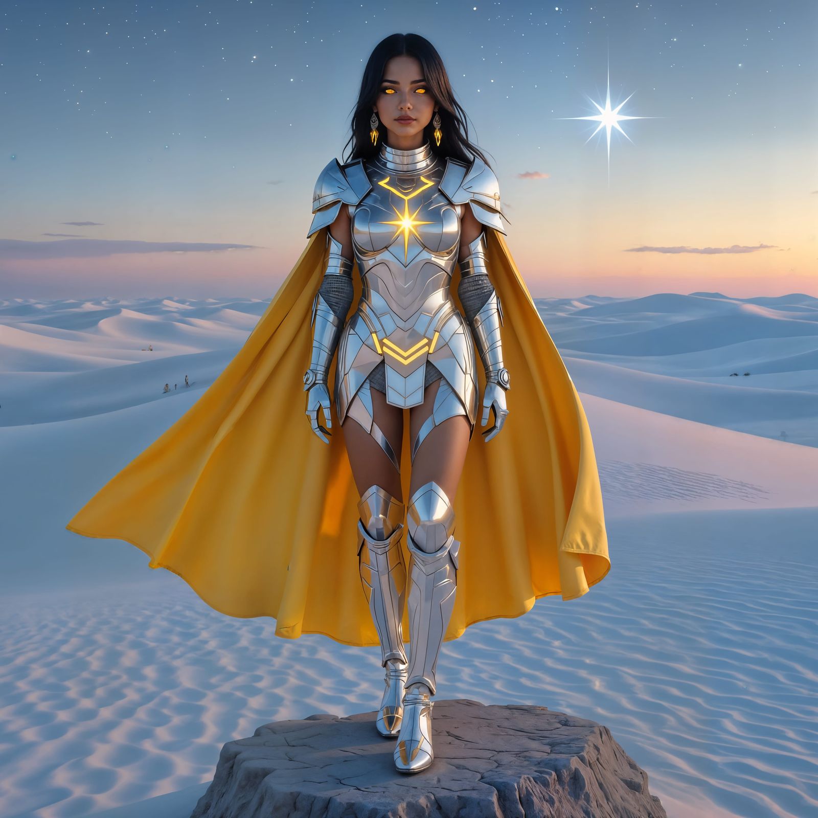 Arabic Warrior Woman in Silver Armor in Desert