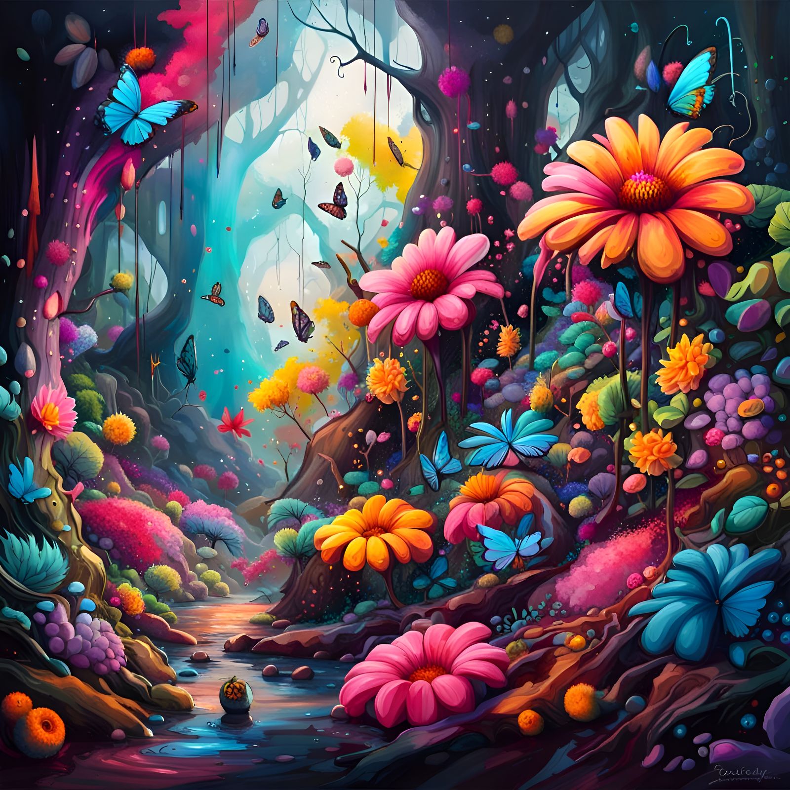 Fantasy forest with big colorful flowers and butterflies  by @Elfaerion
