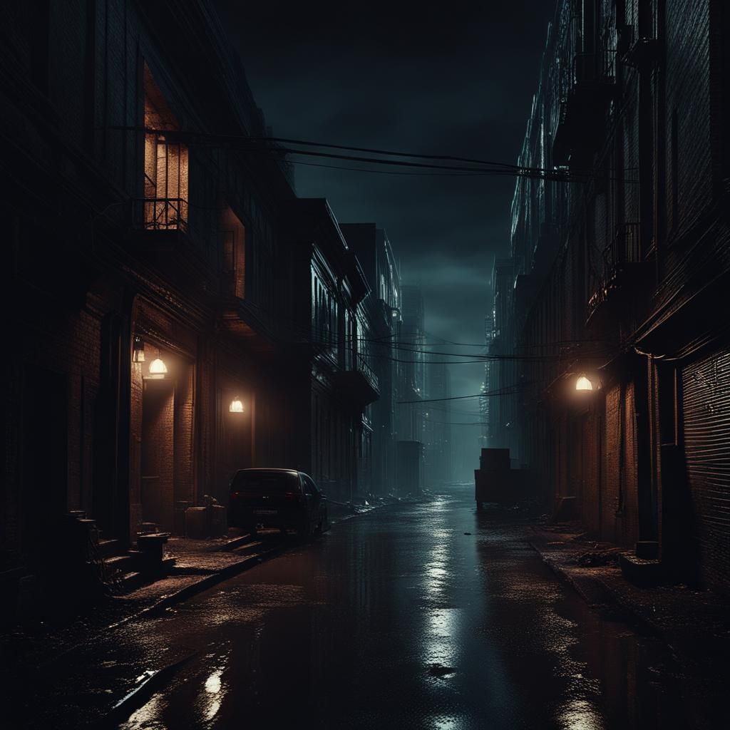 A cinematic shot of a foreboding city at night, with dramatic lighting ...