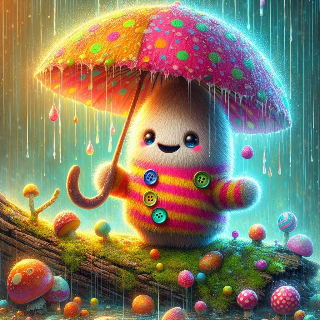 Fluffy mushroom spirit with bright vibrant striped shirt, mismatched buttons for eyes and a cheerful grin, leaning on a mossy log, holding a...