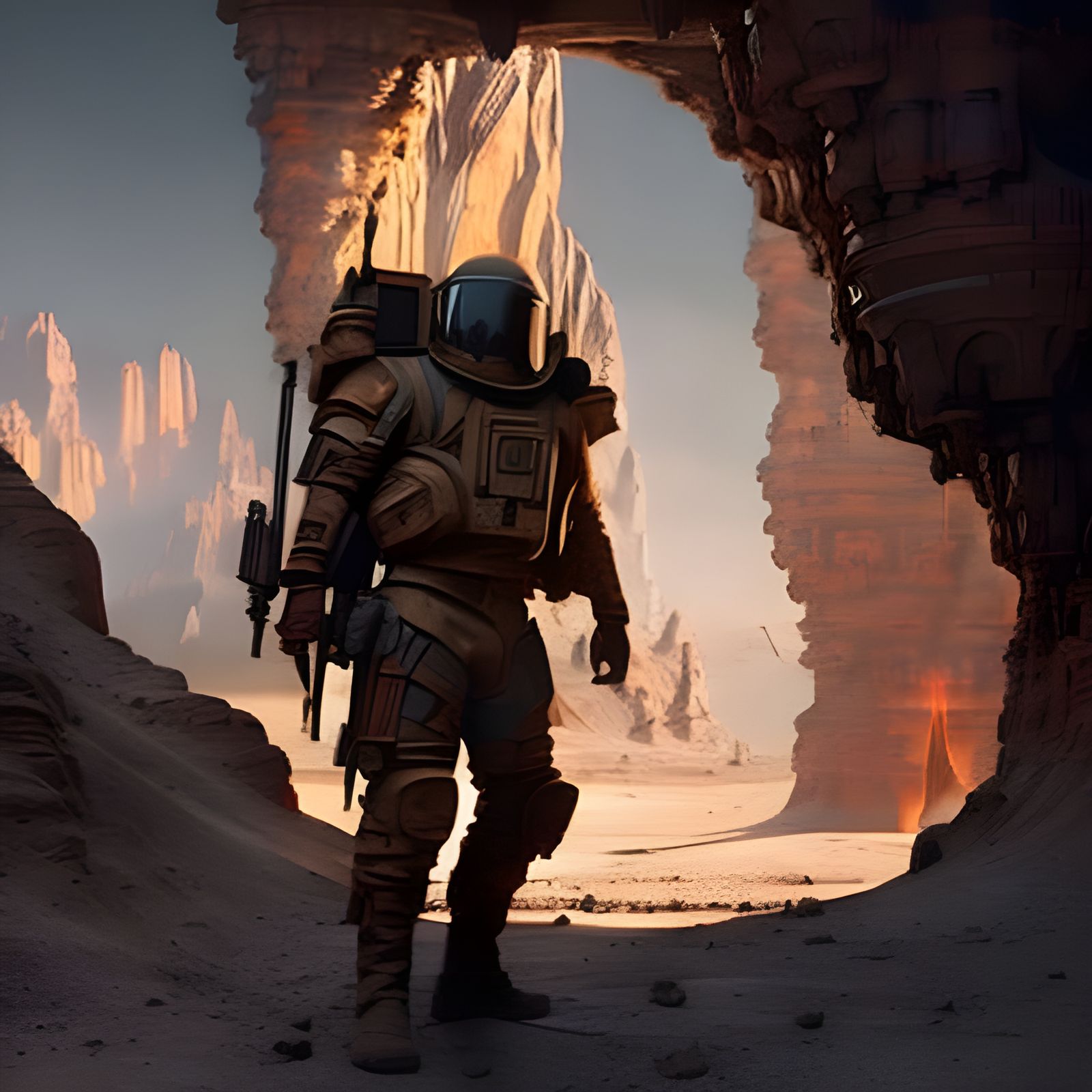 Post apocalyptic astronaut in desert cave background Epic ci...