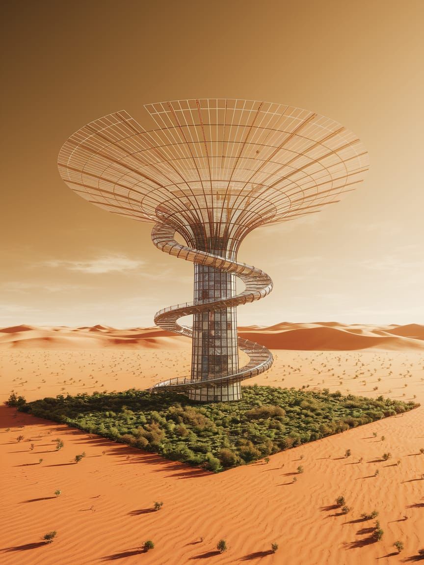 Glassy Desert Oasis in Solar Punk Style