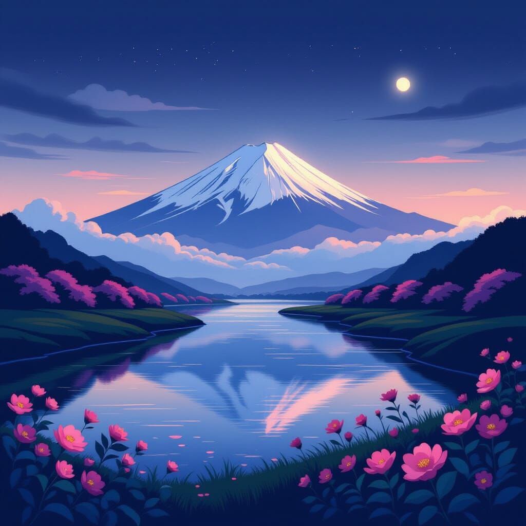 Mystical Mount Fuji Landscape in Hiroshige Style