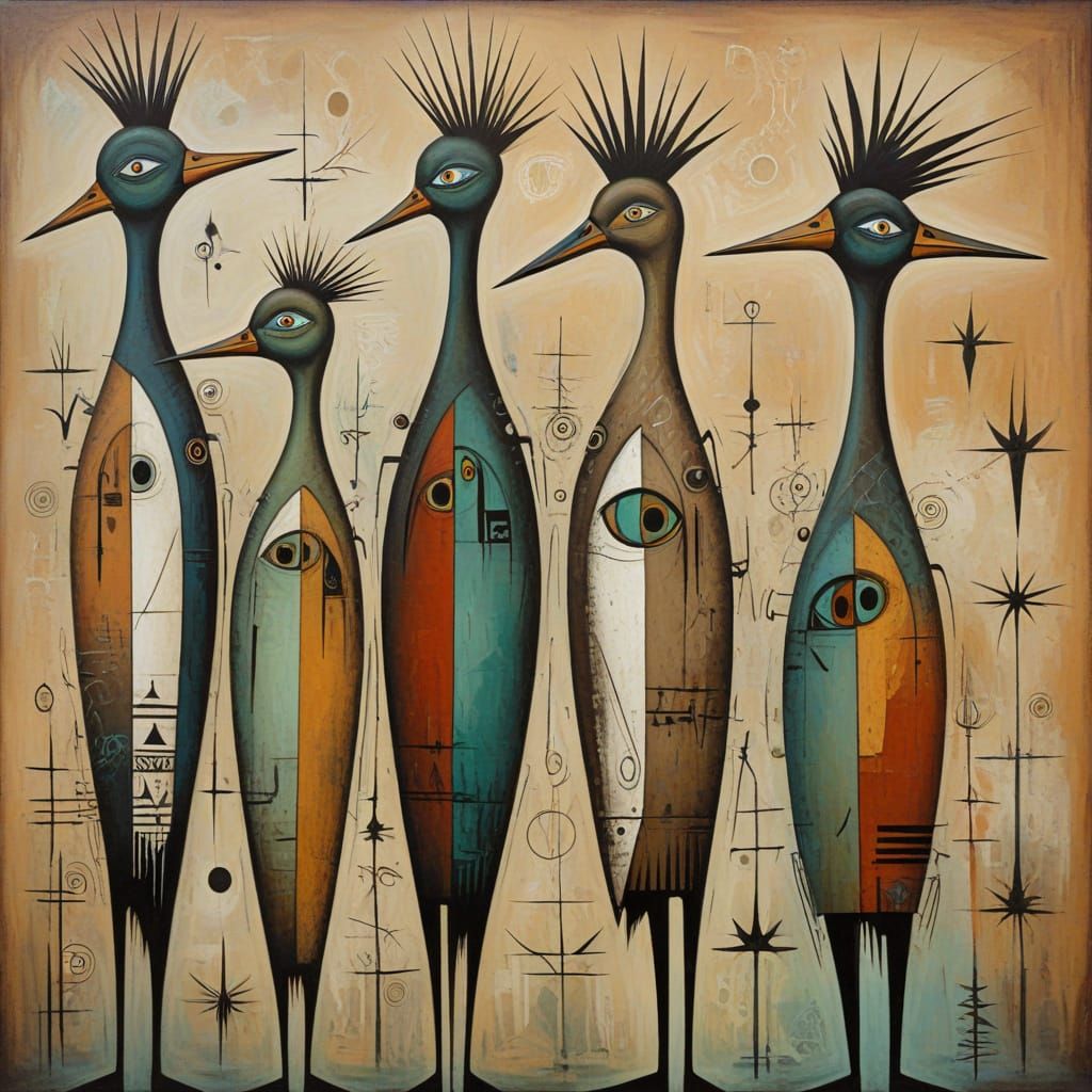 abstract painting of ducks, in the style of Wifredo Lam   by @odd-duck