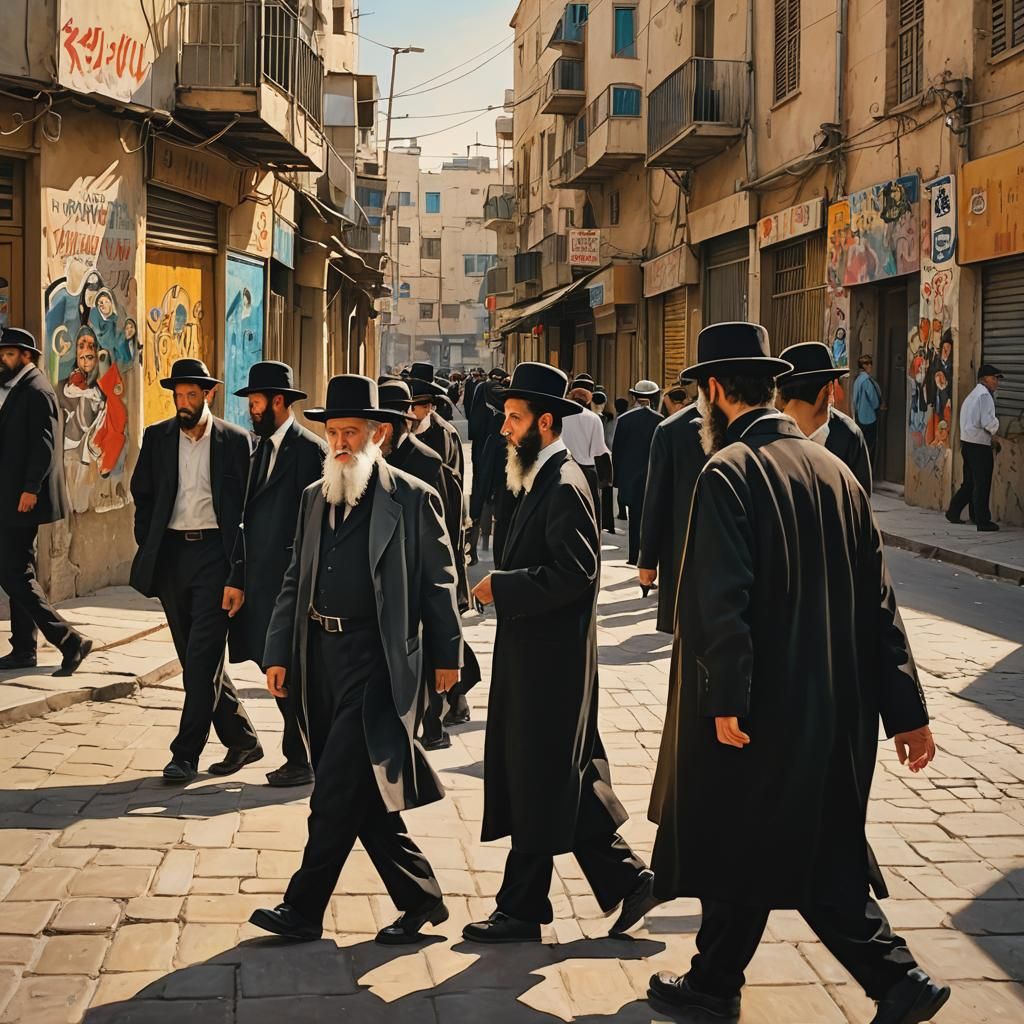 Chassidic Art: Orthodox Men in Bnei Brak at Dusk