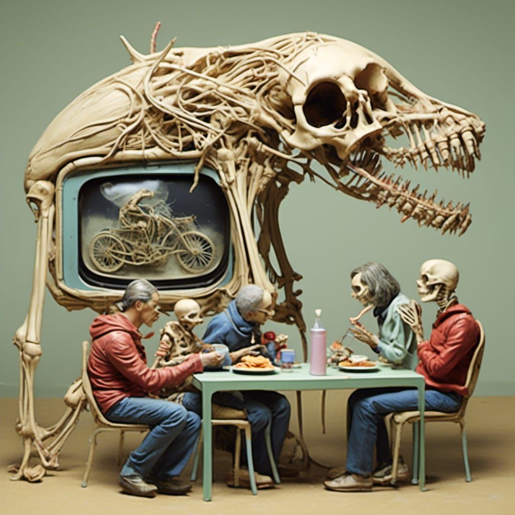  <lora:Boneyard:1.0>Family watching TV eating diner, bone structure