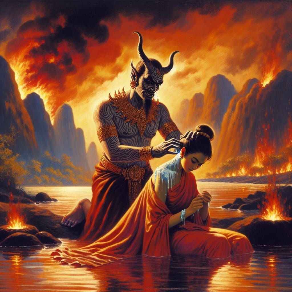Satan Applying Sunscreen On His Lady Demon's Back