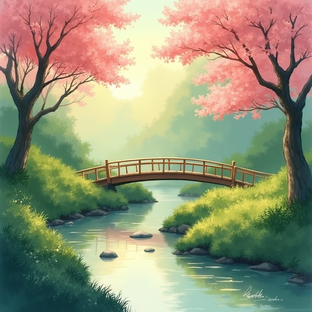 Japanese Garden Scene in Soft Focus, Hayao Miyazaki Style