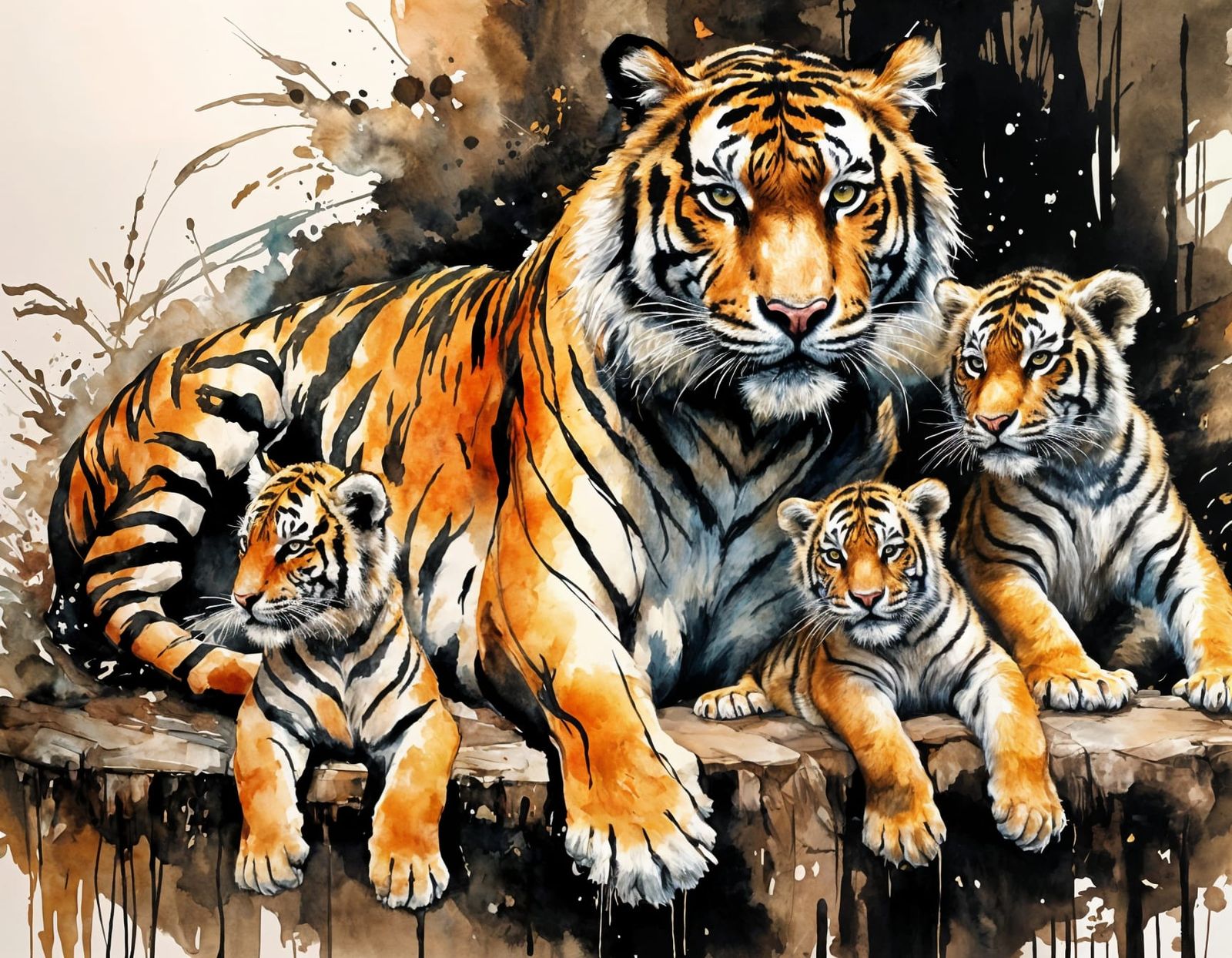 Tiger Mum protecting her cubs,  expressive watercolour techniques of Carne Griffiths, ethereal, cinematic ...  by @Pinto