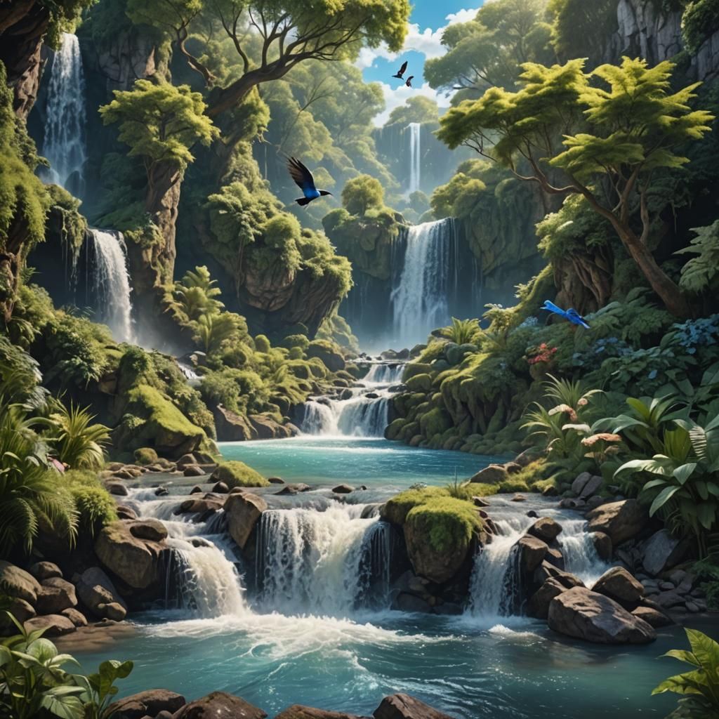 Waterfall into delightful stream blue sky bird