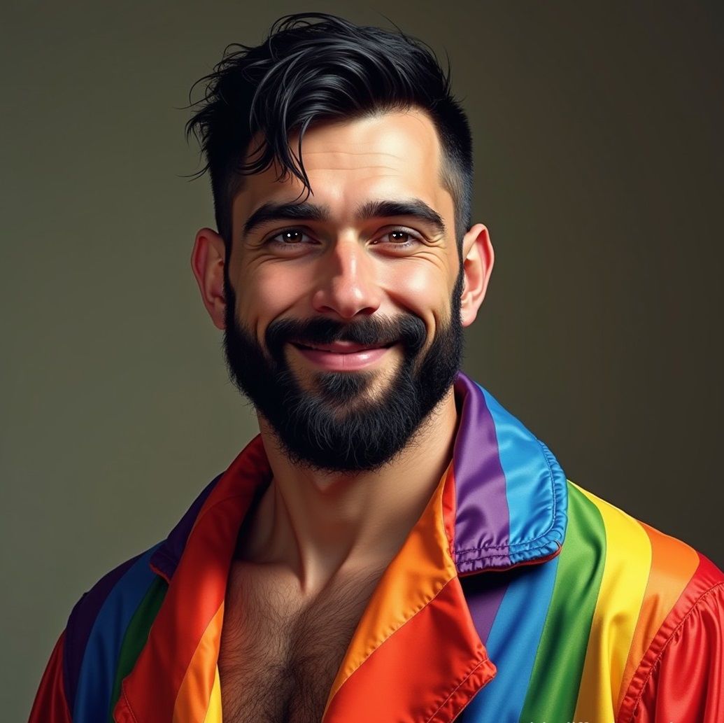 A cute bearded man wearing a rainbow-coloured pyjama