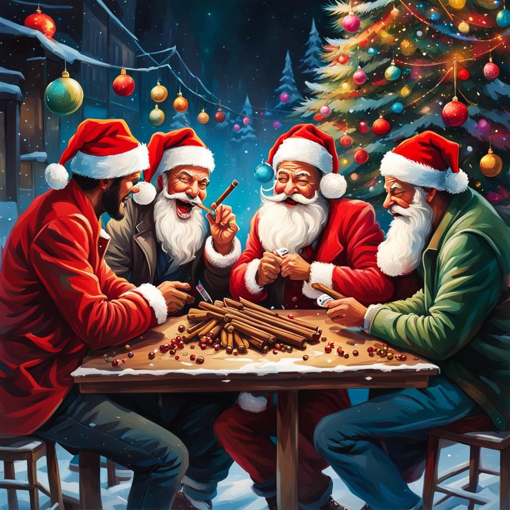 4 men sitting at a table smoking cigars and laughing next to...
