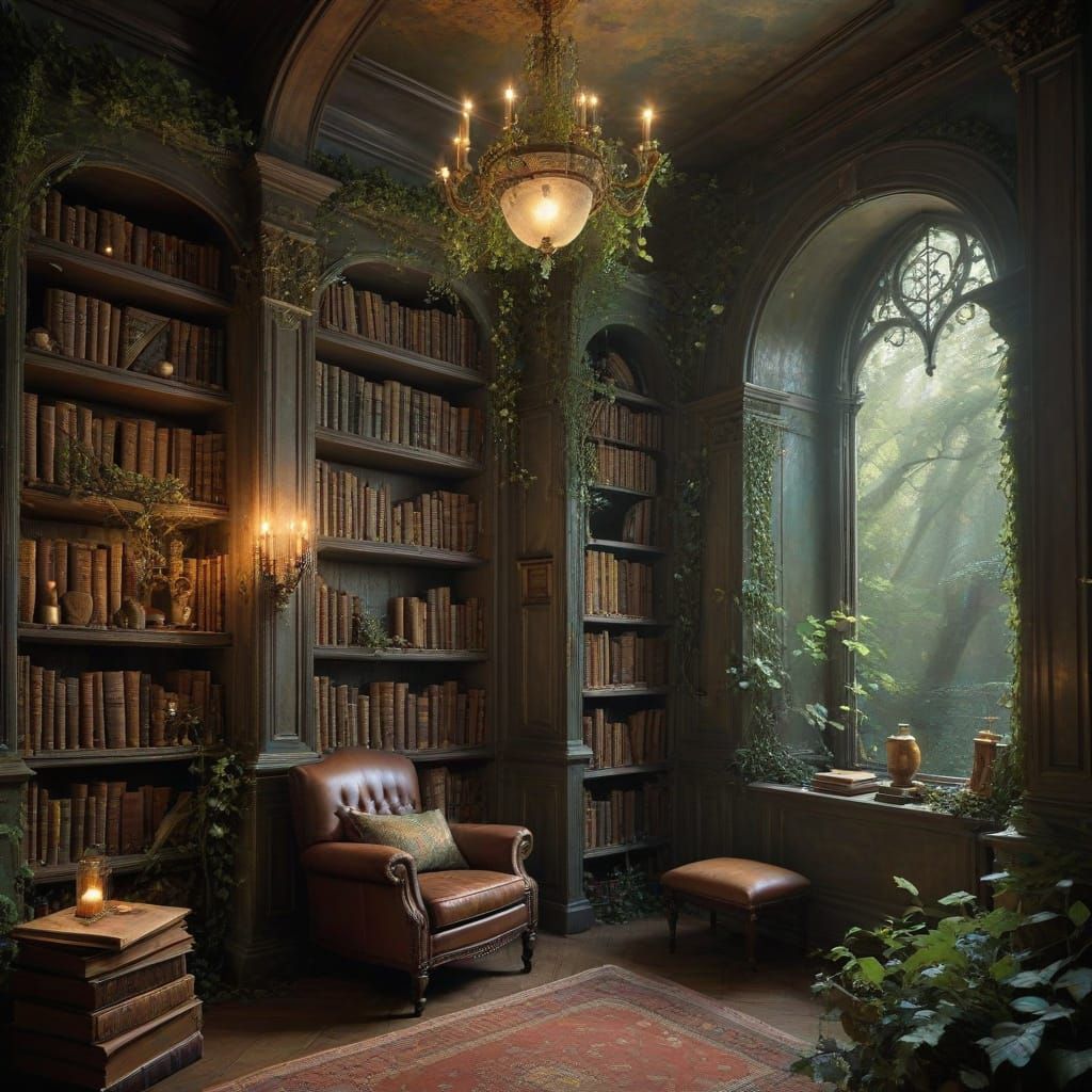 Beautiful library, with lots of old books, shelves decorated with vines and leaves.  by @April