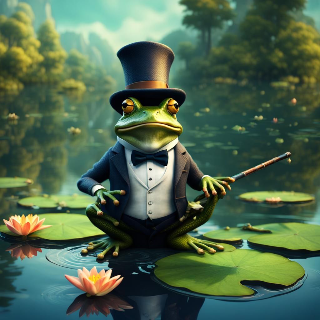 Close up of frog wearing top hat, vest and holding a cane st...