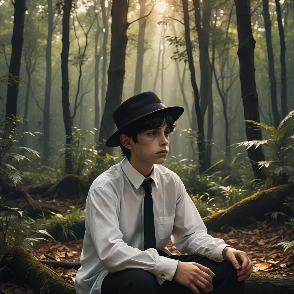 Grieving Boy in Forest: Detailed Matte Painting