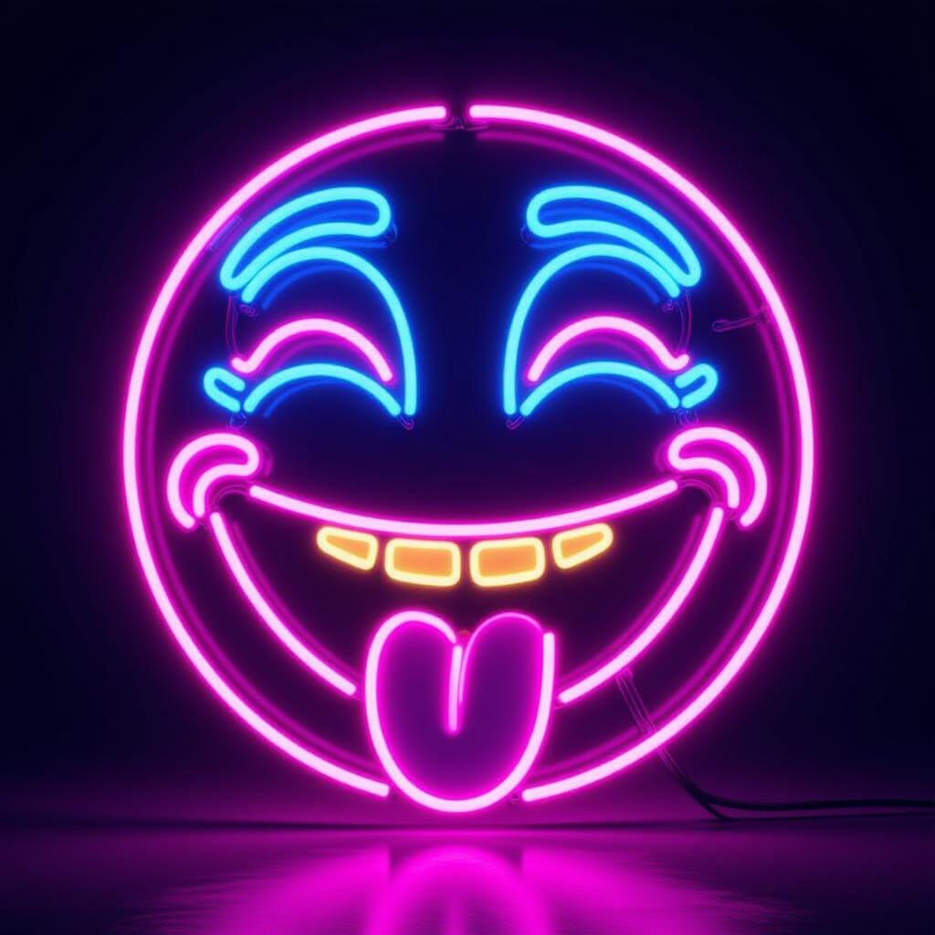 Neon Smirking Emoji Sculpture with Tongue Out
