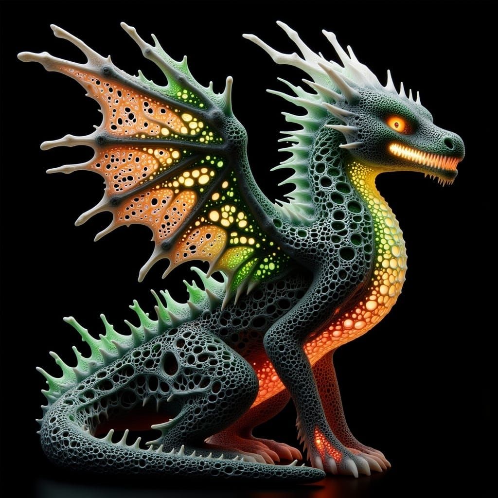 <lora:-Mesh Array-:1.0> mesh array ▪ dragon portrait ▪ intricate patterns ▪ inner glow ▪ vibrant orange ▪ luminous green ▪ ethereal atmosphe...