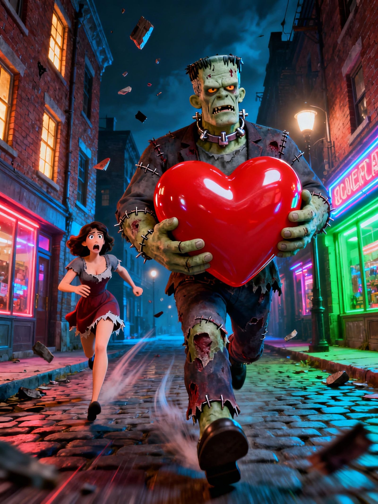 Frankenstein Chases Woman With Loveheart Down Street