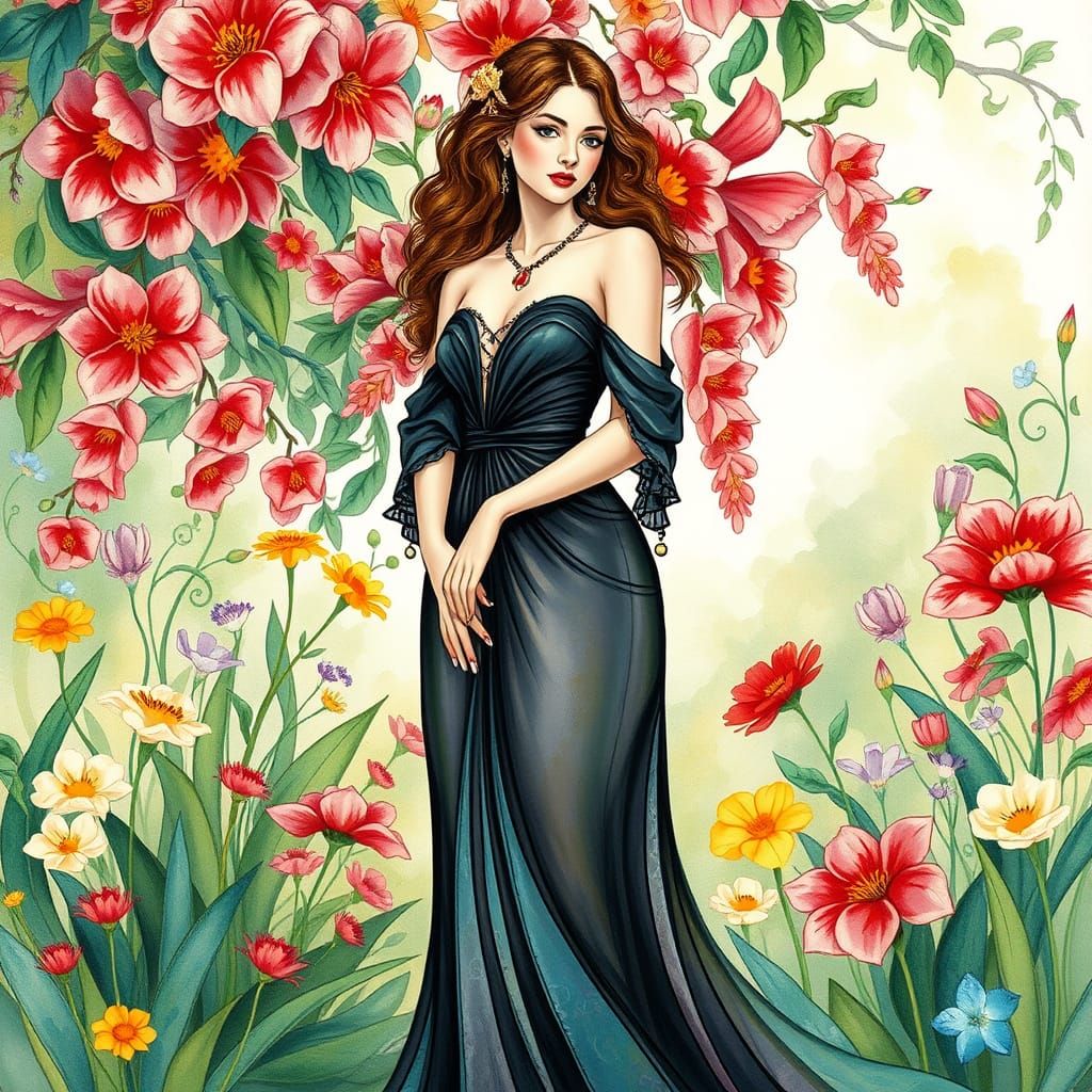 Elegant Woman in Flowering Garden, Art Nouveau Watercolor