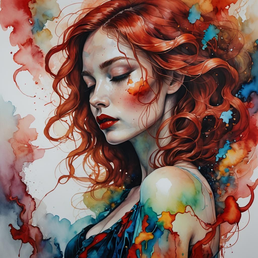 Dreamy Female Portrait in Alcohol Ink Oil Painting