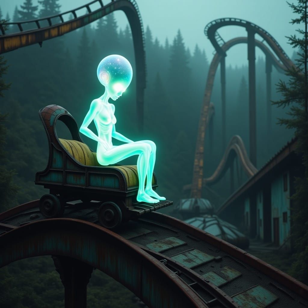 A perfect candid photograph of a transparent glowing alien ghost riding a roller coaster in an abandoned theme park. HD DSLR sharp focus hyp...